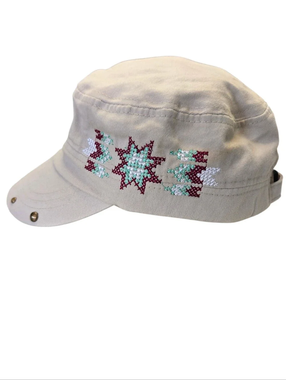 🧢 Southwestern Embroidered Military Cap | Studded Brim | Adjustable One Size |